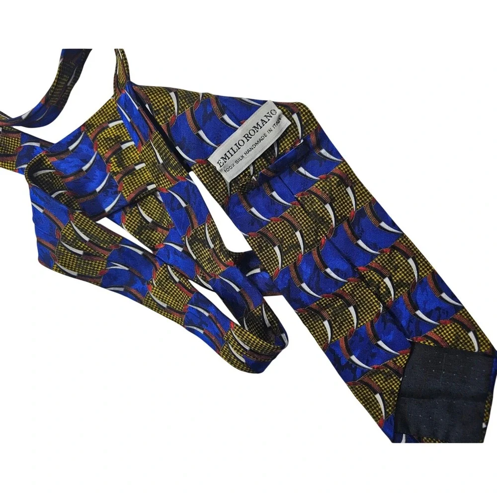 Emilio Romano Silk Tie Blue Yellow‎ Red Geometric Houndstooth Handmade Italy
